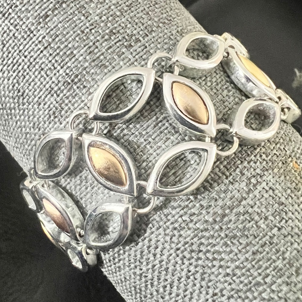 Two Tone Silver Gold Marquise Link Statement Bracelet Size 7 Modernist‎